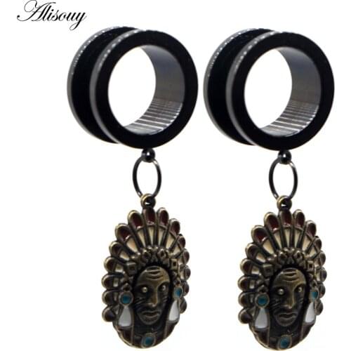 Alisouy 2pcs Human Face Dangle Stainless Steel screw Ear Plugs Gauges Tunnels Flesh Expander Stretchers Piercing Body Jewelry