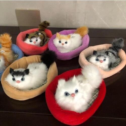 Kids Simulation Mew Sound Cat Sleeping in Nest Plush Toy Home Ornament Car Decor