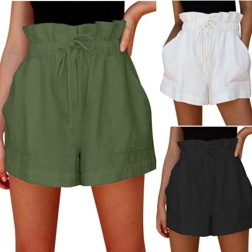 Short Femme Ruffle Cotton Linen Shorts Women Summer High Waist Short Pants Plus Size Drawstring Pocket Sport Shorts Trousers