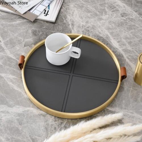 Pure Copper Black Leather Round Tray Light Luxury Retro American Fruit Tray Decoration Home Living Room Dining Table Tea Set