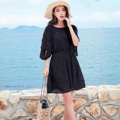 Summer Vintage A-line Geometric Half Sequined Fashion Chiffon Beading Round Neck Women Club Cocktail Party Sequin Dress