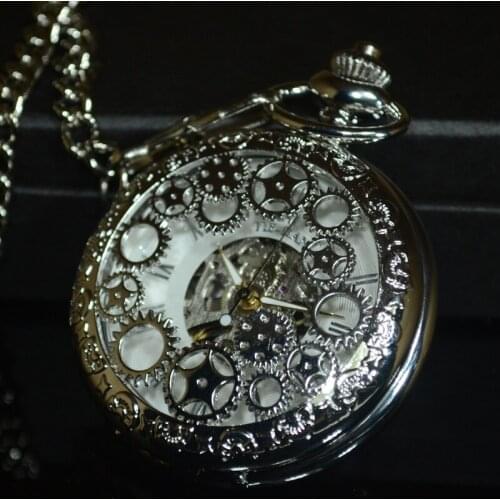 Skeleton Mechanical Pocket Watch Men Steampunk Luxury Fashion Antique Chain Necklace Business Casual Pocket & Fob Watches Silver