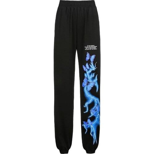 Spring New European Beautiful Womens Pants Lightning Butterfly Letter Printed Sweater Pants Tied Feet White Belt Trend Pants