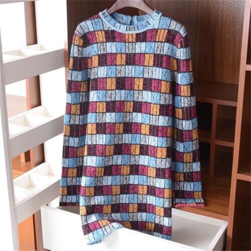 New arrival wool acrylic blend patchwork plaid knit women Oneck mid long pullover sweater M retail wholesale