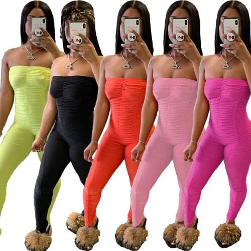 BKLD Clothes Women Bodysuit Jumpsuit 2020 New Fashion Solid Ruched Off Shoulder Strapless Jumpsuits Sexy Club Outfit Womens