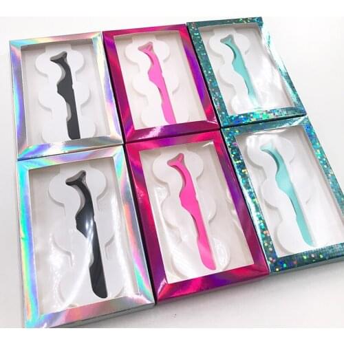 Wholesale 3 Pairs Lashes Box with Eyelash Tweezers for Natural 3D Mink Eyelashes Holographic Lash Box