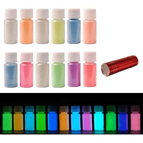 Biutee 12Colors Glow in dark pigment powder with UV Lamp Neon Colour Paint Fluorescent Powder Epoxy Resin Luminous 20g/Bottle