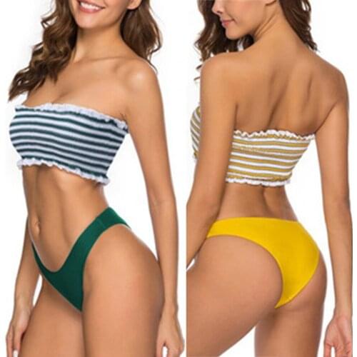 Sexy Women Two-piece Bathing Suit, Off Shoulder Srapless Striped Smocked Bandeau Solid Color Thong Set Beachwear Suit