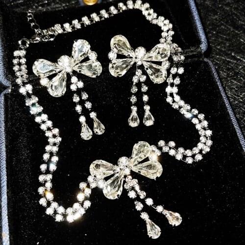 QTT New Arrivals 925 Silver Jewelry Sets For Women Birthday White Crystal Exquisite Bow Pendant Necklace Earrings Set