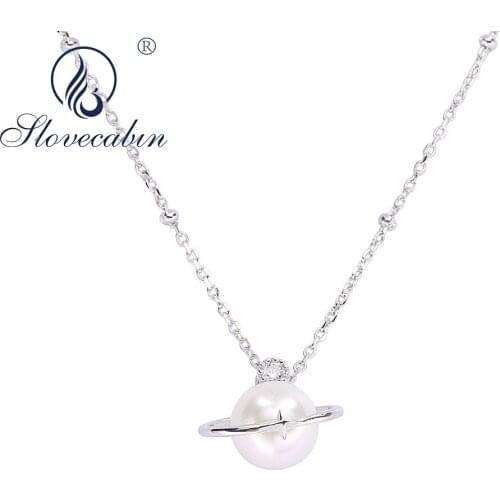 Slovecabin 925 Sterling Silver Saturn Necklace With Clear CZ Moon & Star Planet Pendant Long China Luxury Femme Necklaces