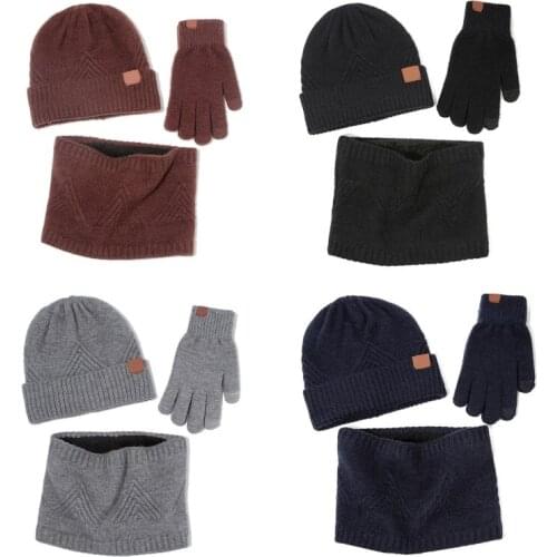 3 Pieces Men Women Winter Beanie Hat Scarf Touch Screen Gloves Set Triangle Striped Knit Thermal Plush Lined Cuffed Skull Cap N