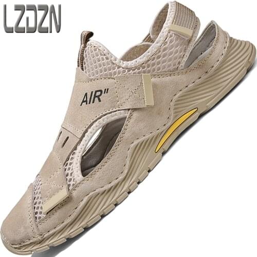 Breathable Shoe Genuine Leather Shoes Handmade Sandals For Outdoor Mens Slippers Summer Casual Beach Hole Mesh Work Flip Flops