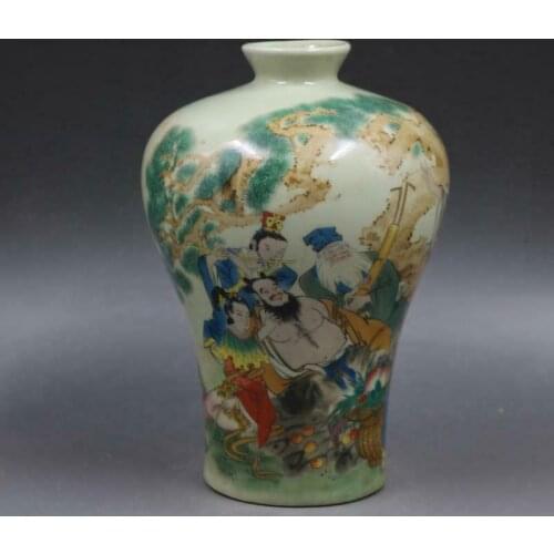 Old China qing tongzhi marked famille rose Eight Immortals character vase 6.5"