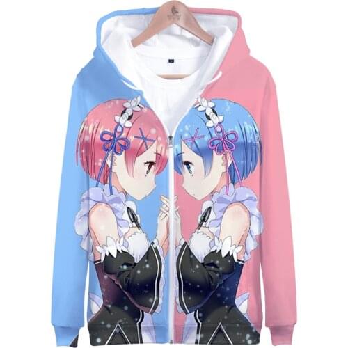 Japanese Anime Re Zero 3D Hoodie Hooded Jacket Zipper Coat Sweatshirt for Men Women Cute Girls Rem and Ram Cosplay Costume
