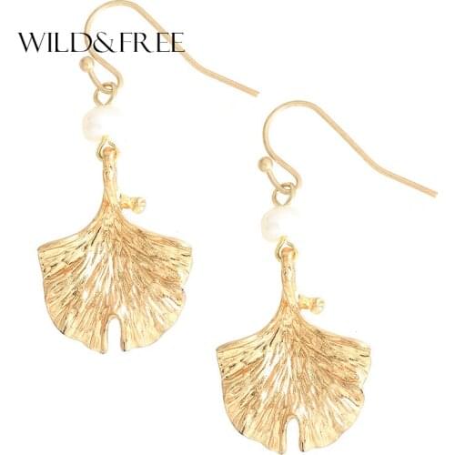 WILD&FREE New Spring leaves Dangle Earring Fresh Water Pearl Drop Earrings Vintage Gold Plant Earring Jewelry For Women