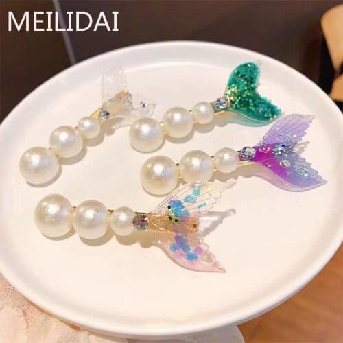 MeiLD Mermaid Fishtail Pearl Hair Clips Aestheticism Korean Crystal Barrettes Colorful Sequin Side Clip Accessories wholesale