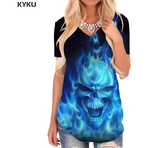 KYKU Skull T-shirt women Punk Funny T shirts Blue Shirt Print Flame Tshirts Printed Womens Clothing Punk Rock Cool New