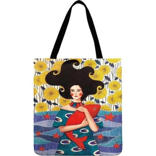 Fashion Women Large Capacity Shopping Shoulder Underarm Bag Casual All-match Pink Bird Cat Abstract Girl Printed Linen Handbags