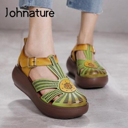 Johnature Genuine Leather Shoes Women Sandals Mixed Colors Retro Buckle Strap 2021 New Wedges Handmade Concise Platform Sandals