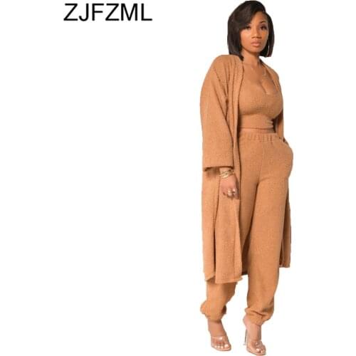 Autumn Winter Plush Warm Three 3 Piece Tracksuit for Women Slim Fit Crop Top+elastic Waist Baggy Trouser+long Sleeve Open Stitch