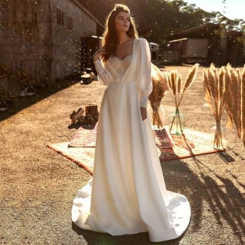 Plus Size A Line Wedding Dresses White For Women Big vestido de novia Long Sleeves Tulle Appliqued Lace Beads Pearls Court Train