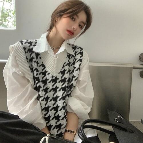 Houndstooth Vest Womens Knitted Vest 2021 New Autumn Loose Korean Outdoor soft warm Sweater Waistcoat