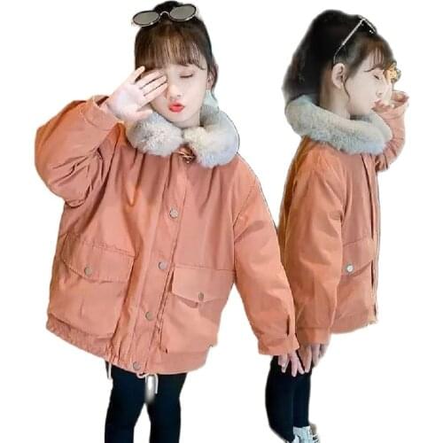 Winter Polyester Fiber Girl Coat Korean Version Fashion Plus Fleece Thicken Jacket Solid Color Casual Childrens Cotton Overcoat