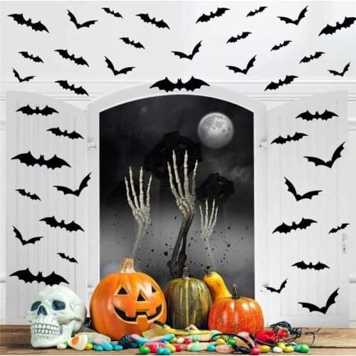 12/24pcs 3D Halloween Bat Wall Stickers Halloween Decorations Life-Like Black Bats Scary Props DIY Home Room Removable Sticker