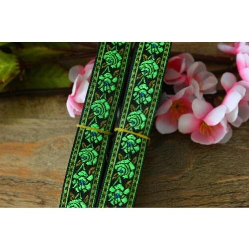 20yards/lot wide 2cm Woven Jacquard Ribbon black background green flowers rose for curtain and clothing accessory LS-2294