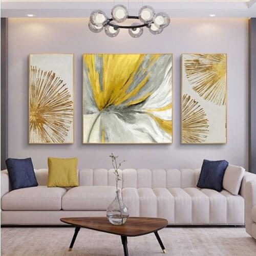 3 Panels Nordic Abstract Golden Leaf Modern Pictures Canvas Painting Wall Poster for Living Room Office Home Decorative Prints
