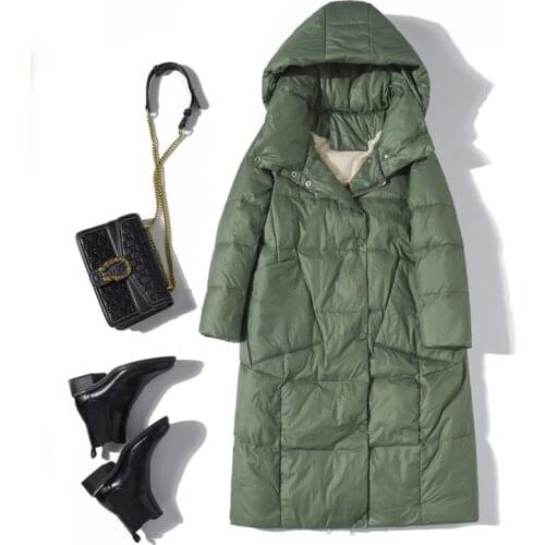 Ailegogo New Winter Women White Duck Down Jackets Ultra Light Hooded Parkas 90% Down Coat Long Green Down Jacket Snow Outwear