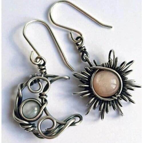 Bohemia Sun and Moon Earrings Silver Color Crystal Drop Earrings Women Female Boho Fashion Jewelry Gift for Her