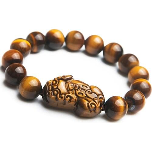 Genuine Yellow Natural Tigers Eye Gemstone Bracelet Crystal For Women men 12mm Pi Xiu Round Bead Stretch Bracelet