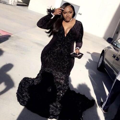 Plus Size African Black Girls V-neck Mermaid Prom Dresses 2020 New Black Lace Long Sleeves Handmade Flowers Evening Party Gowns