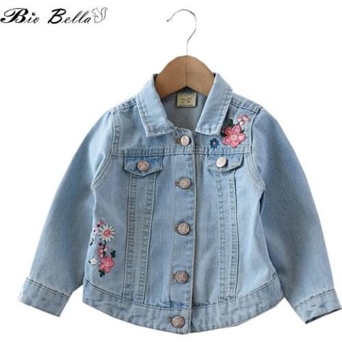 Children Spring Autumn Denim Jacket Girls Clothing Cute Flowers Embriodery Girl Coats Fashion Outfits Long Sleeve Kids Coats