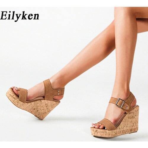 Eilyken Big Size 41 42 43 Womens Summer Shoes High Quality Microfiber Fabric Peep Toe Wedge Heels Buckle Strap Platform Sandals