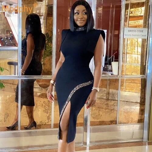 Elegant Evening Party Bandage Dress Women 2021 New Summer Sexy Crystal Split Bodycon Midi Dresses Fashion Club Vestidos