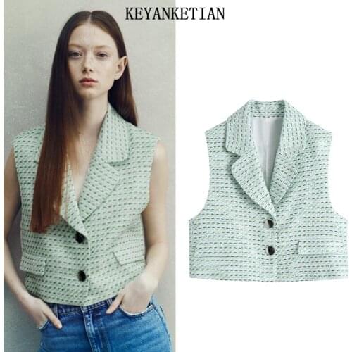 KEYANKETIAN Za Summer Sleeveless Green Vest Top Lapel Front Buttons Chic Fake Pocket Design Vest Fashionable Texture Short Vest