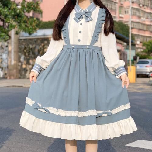 MAGOGO Women Sweet Lolita Dress Ladies Costume Blue OP Dress New Fashion Original Long Sleeve Dress INS HOT