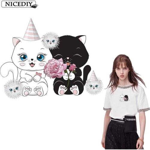 Nicediy Cartoon Cat Patches For Clothes Fashion Lady Child Iron On Heat Transfer Vinyl Stickers Patches Applique Cute Thing Rose