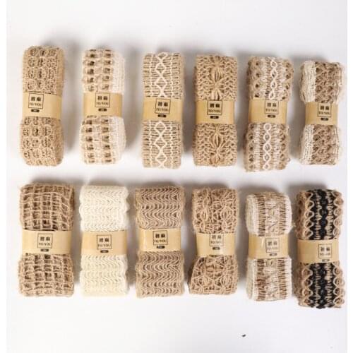 New 2m/roll Natural Jute Burlap Hessian Ribbon with Cotton Lace DIY Trim Fabric For Sewing Wedding Decoration Accessories