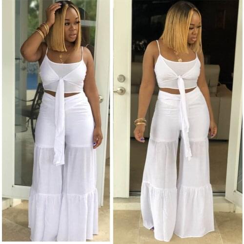 New arrive women set summer spaghetti strap crop top and high waist wide leg pants suit women DL0265