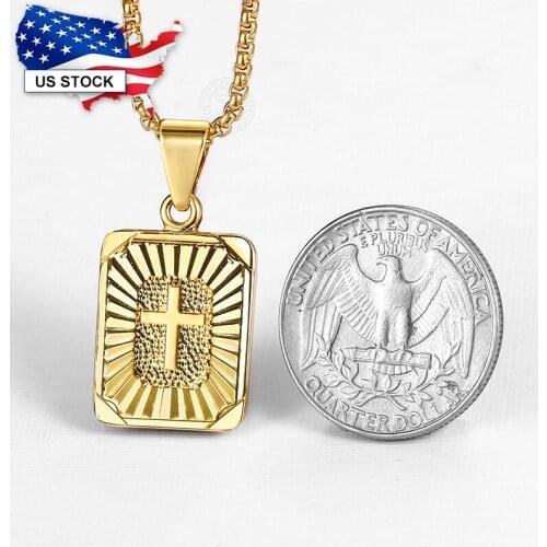 Square Cross Pendant Necklace for Men Women Jesus Christ Charm Gold Color Stainless Steel Box Link Chain 18-26inch LGP422