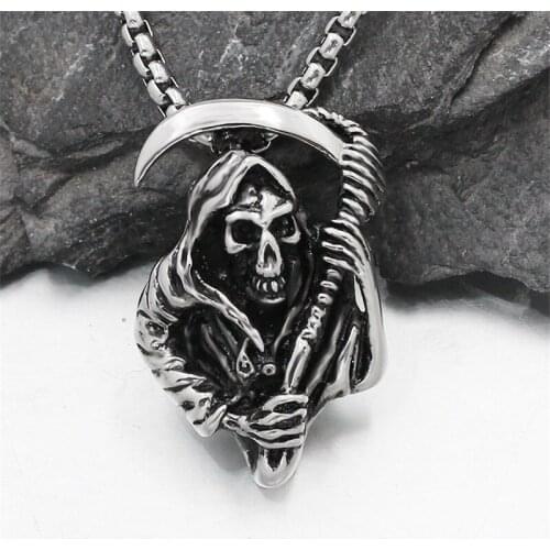 Gothic Grim Reaper Death Scythe Skull Pendant Neckalce Men Stainless Steel Punk Biker Long Chain Necklace Male Hip Hop Jewelry
