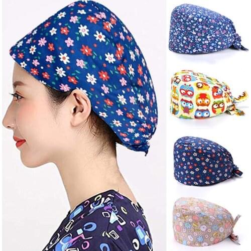 New Unisex Doctor Nurse Scrub Cap with Heart Button Mask Holder Cartoon Floral Printed Working Adjustable Tie Back Bouffant Cap