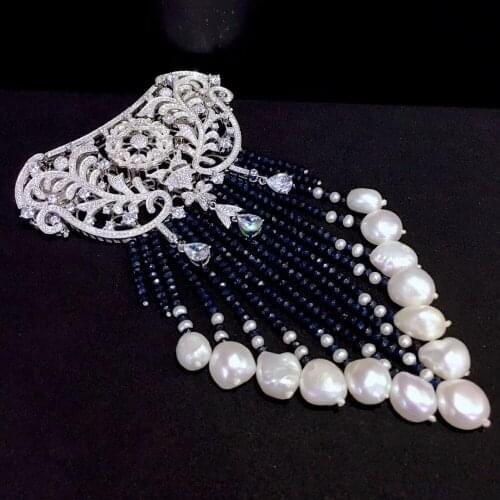 Victoria vintage dark blue color chalcedony tassels brooch pins luxury jewelry 925 sterling silver natural fresh water pearl