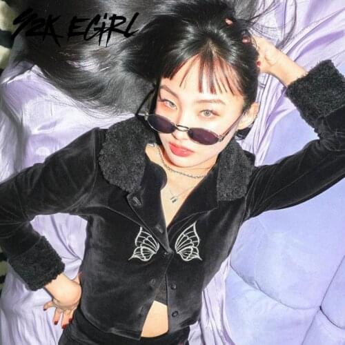 Y2K EGIRL Vintage E-girl Aesthetics Butterfly Embroidery Black T-shirts 2000s Streetwear Lambswool Collar Long Sleeve Velvet Top