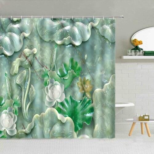 Chinese Jade Carving Lotus Garden Scenery Shower Curtain Peony Flower Fish Bathroom Decor Waterproof Fabric Hooks Curtains Set