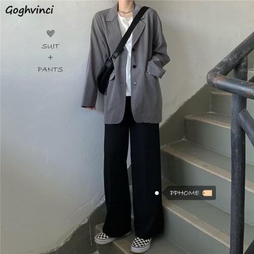 Women Sets Blazer Coat Black Wide-leg Pants Autumn Casual Fashion All-match Office Ladies Harajuku Loose Street Retro Stylish