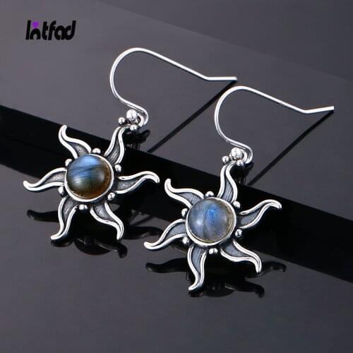 925 Silver Natural Labradorite Drop Earrings Vintage Sun Shaped Ear Jewelry for Women Gift Natural Stone Accessories
